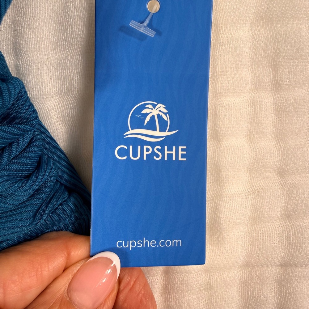 Cupshe One Piece Swimsuit S Teal Blue Ribbed Ruched Starfish Charm Cutout Back - Picture 2 of 15